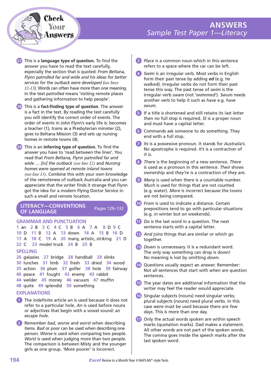 Sample inside page from the Excel Revise in a Month Year 4 NAPLAN-style Tests book, taken from the publisher product gallery