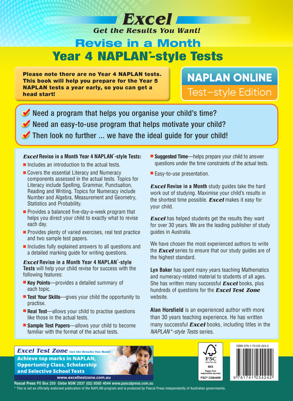 Back cover of the Excel Revise in a Month Year 4 NAPLAN-style Tests book, shown as the last image in the publisher gallery