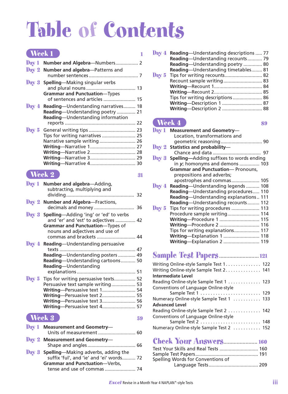 Contents page from the Excel Revise in a Month Year 4 NAPLAN-style Tests book, showing how the book is organised