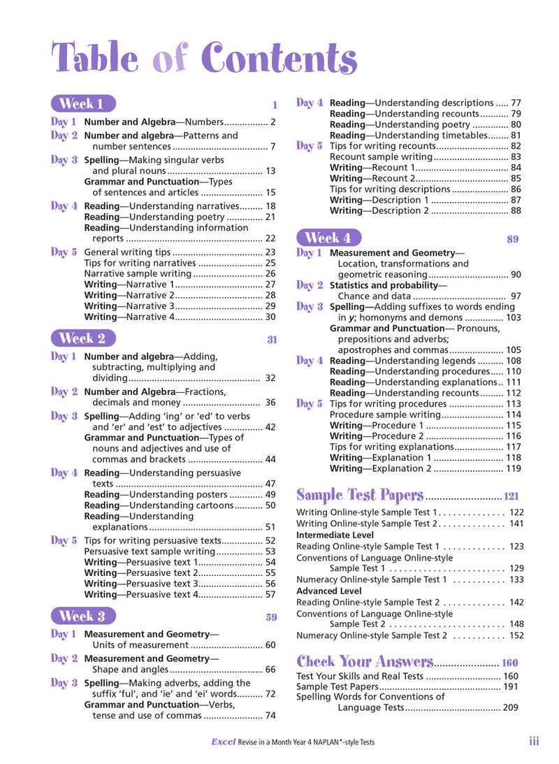 Contents page from the Excel Revise in a Month Year 4 NAPLAN-style Tests book, showing how the book is organised