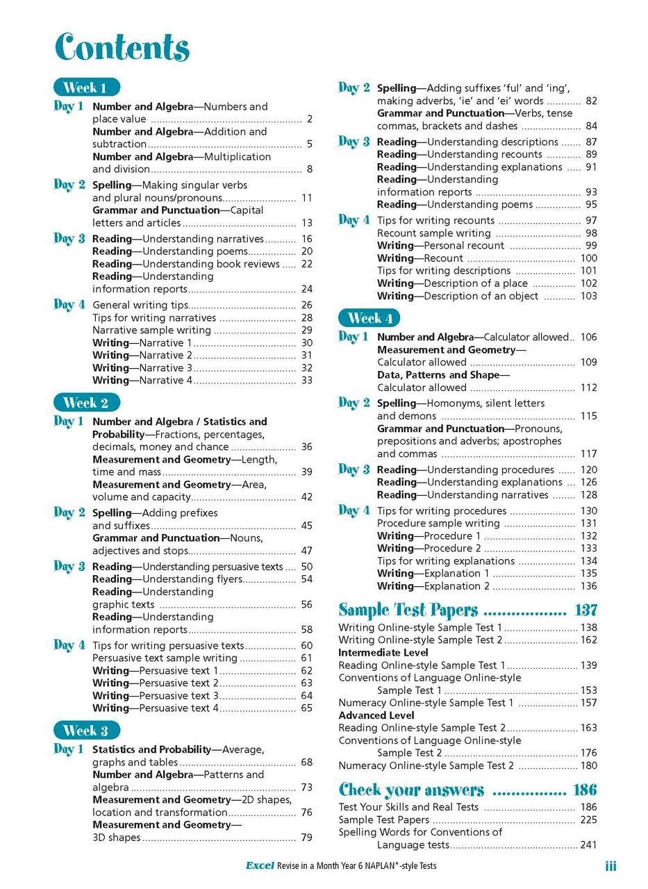 Sample inside page from the Excel Revise in a Month Year 6 NAPLAN-style Tests book, taken from the publisher product gallery