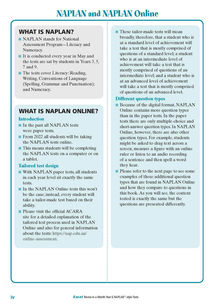 Sample inside page from the Excel Revise in a Month Year 6 NAPLAN-style Tests book, taken from the publisher product gallery