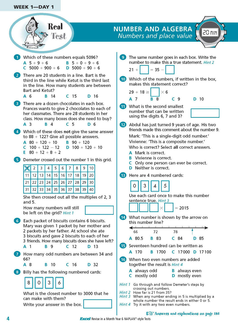 Sample inside page from the Excel Revise in a Month Year 6 NAPLAN-style Tests book, taken from the publisher product gallery