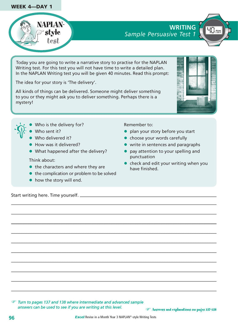 Sample inside page from the Excel Revise in a Month Year 3 NAPLAN-style Writing Tests book, taken from the publisher product gallery