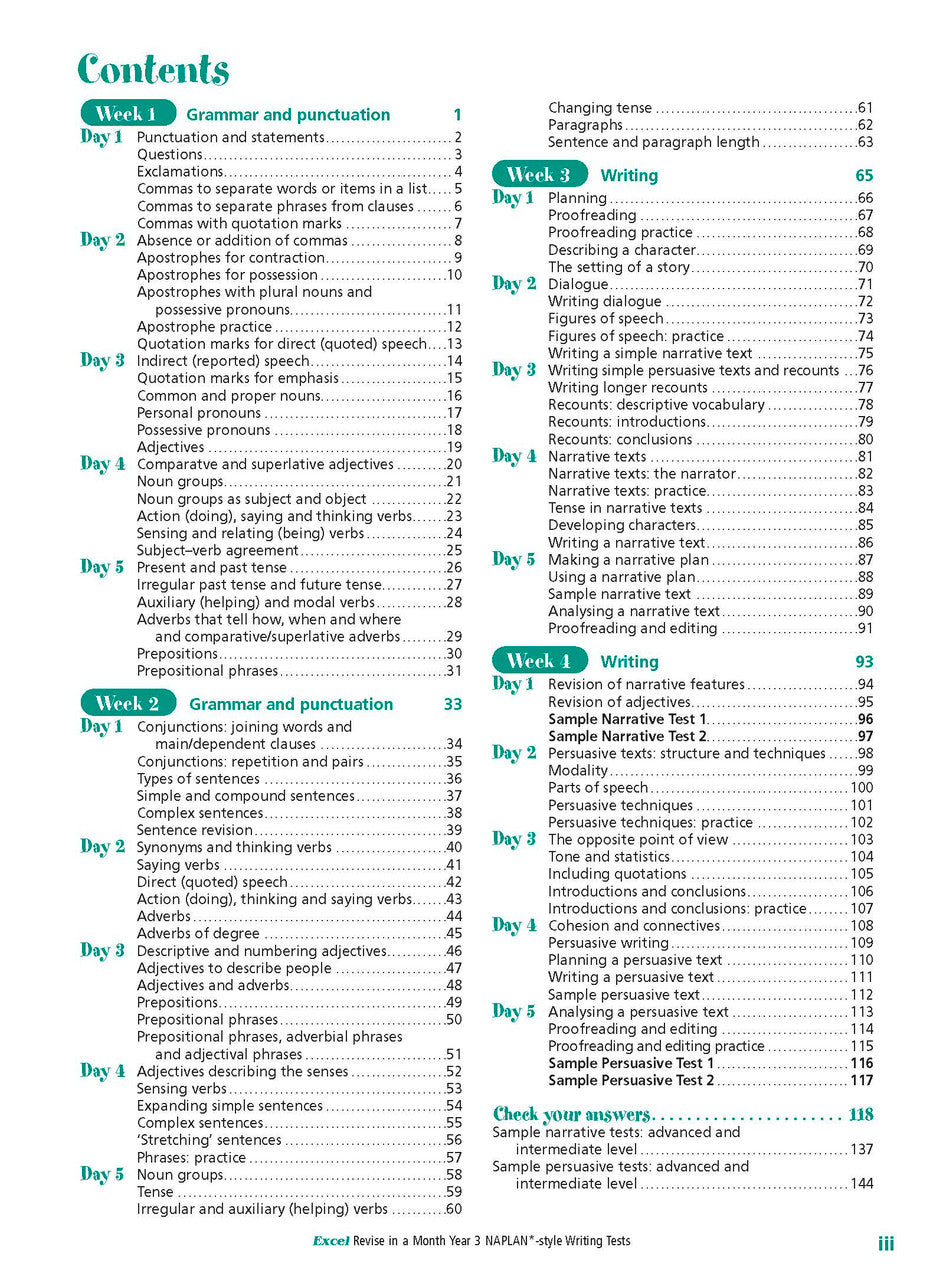 Sample inside page from the Excel Revise in a Month Year 3 NAPLAN-style Writing Tests book, taken from the publisher product gallery