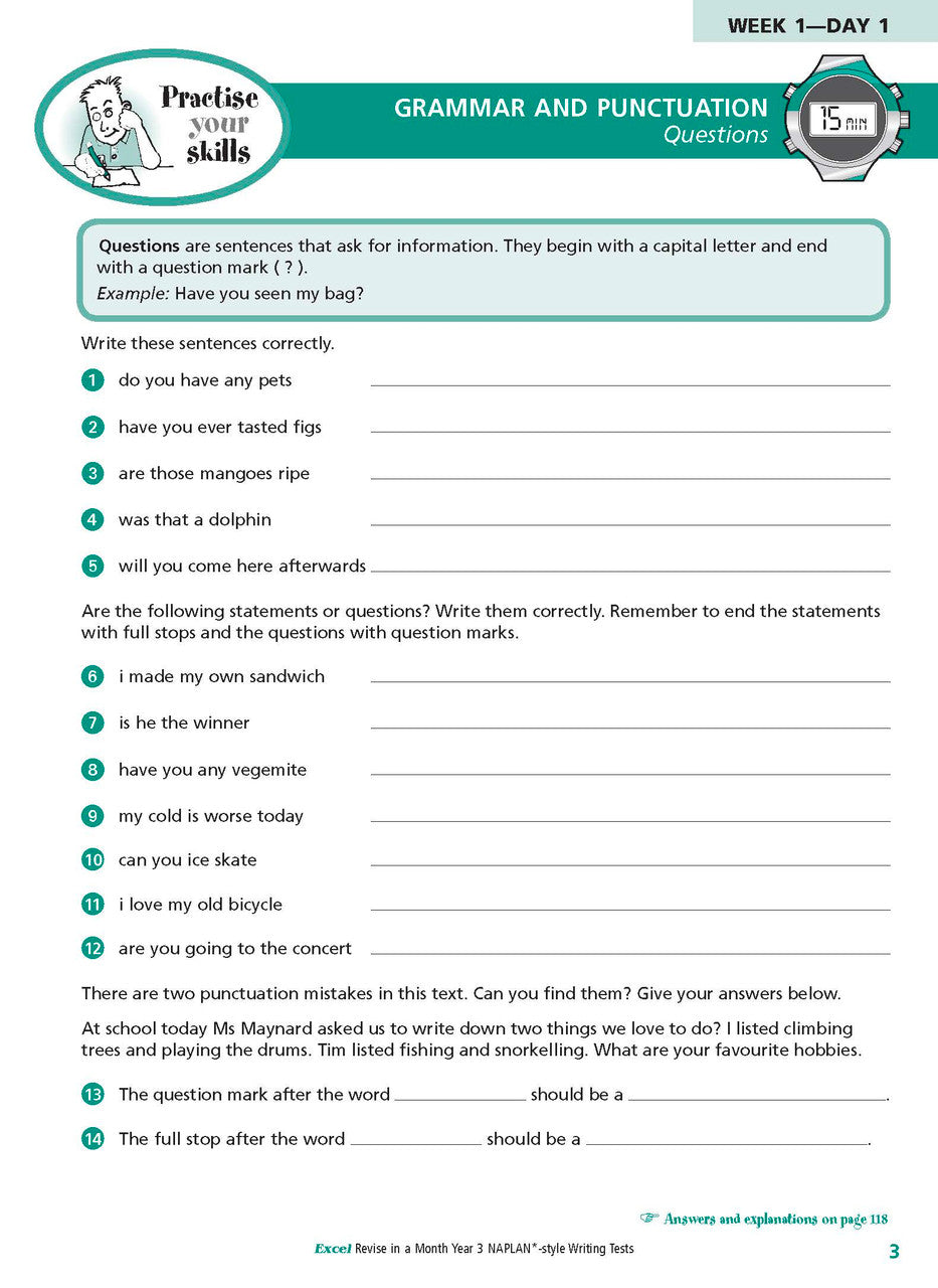 Sample inside page from the Excel Revise in a Month Year 3 NAPLAN-style Writing Tests book, taken from the publisher product gallery
