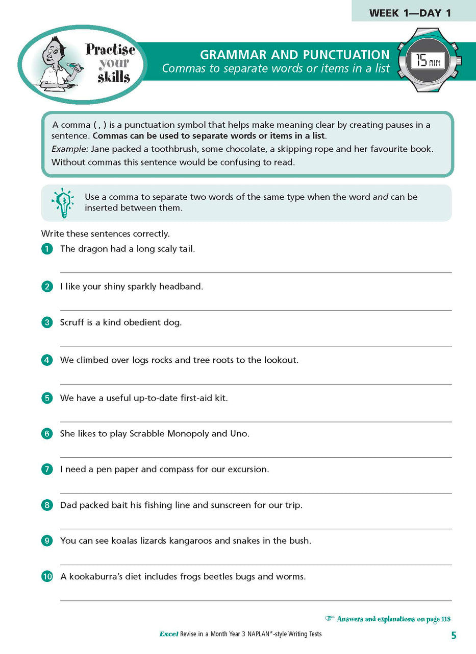 Sample inside page from the Excel Revise in a Month Year 3 NAPLAN-style Writing Tests book, taken from the publisher product gallery