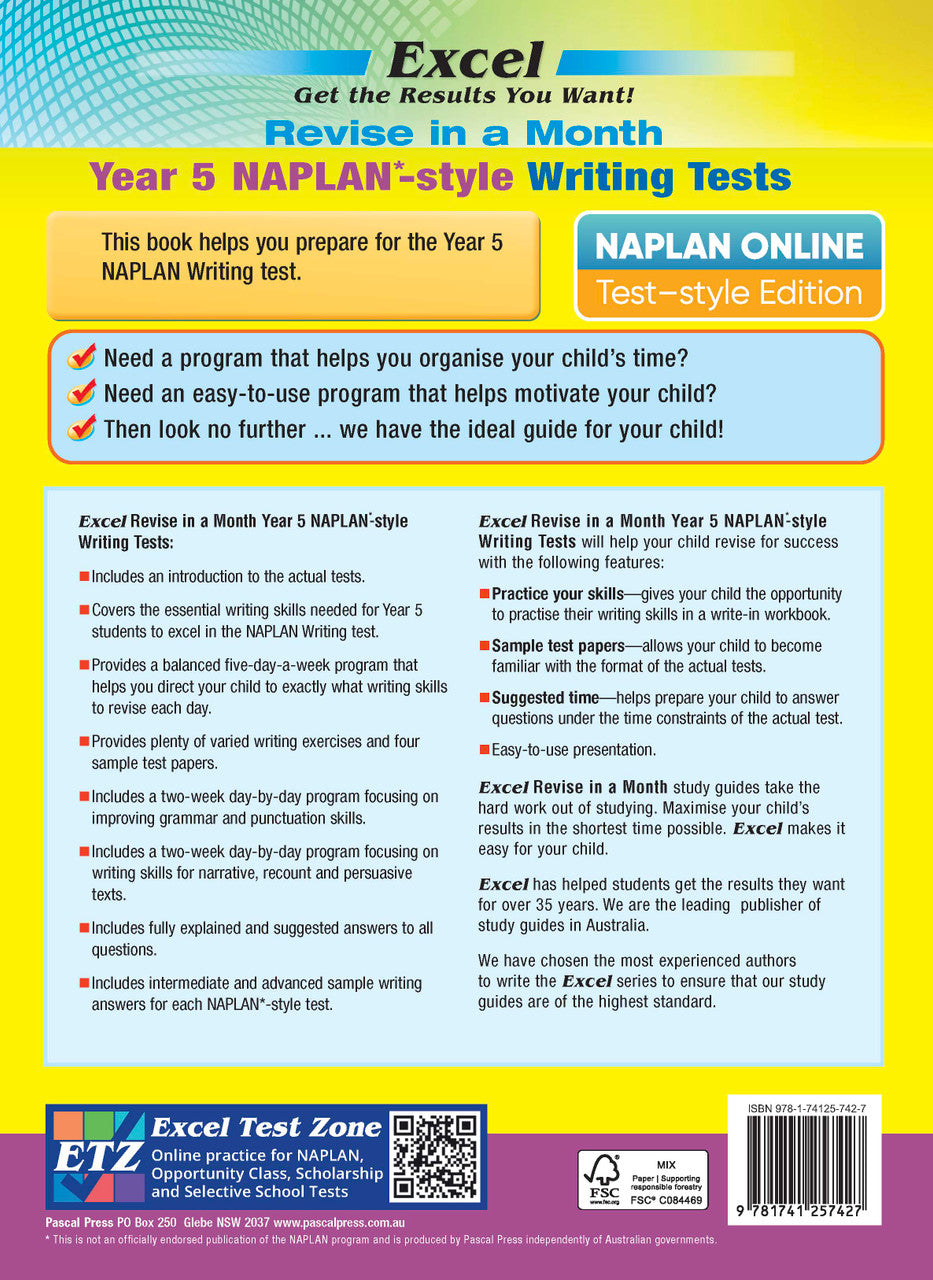 Back cover of the Excel Revise in a Month Year 5 NAPLAN-style Writing Tests book, shown as the last image in the publisher gallery