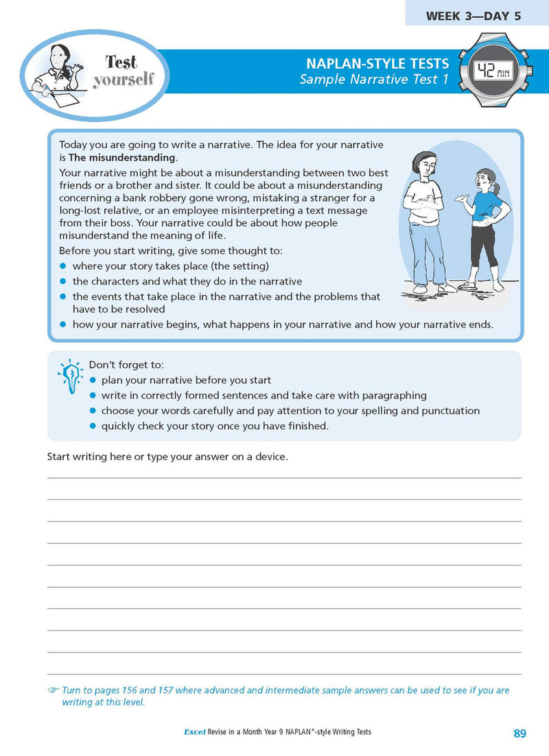 Sample interior page from the Excel Revise in a Month Year 9 NAPLAN-style Writing Tests workbook as shown in the Pascal Press gallery
