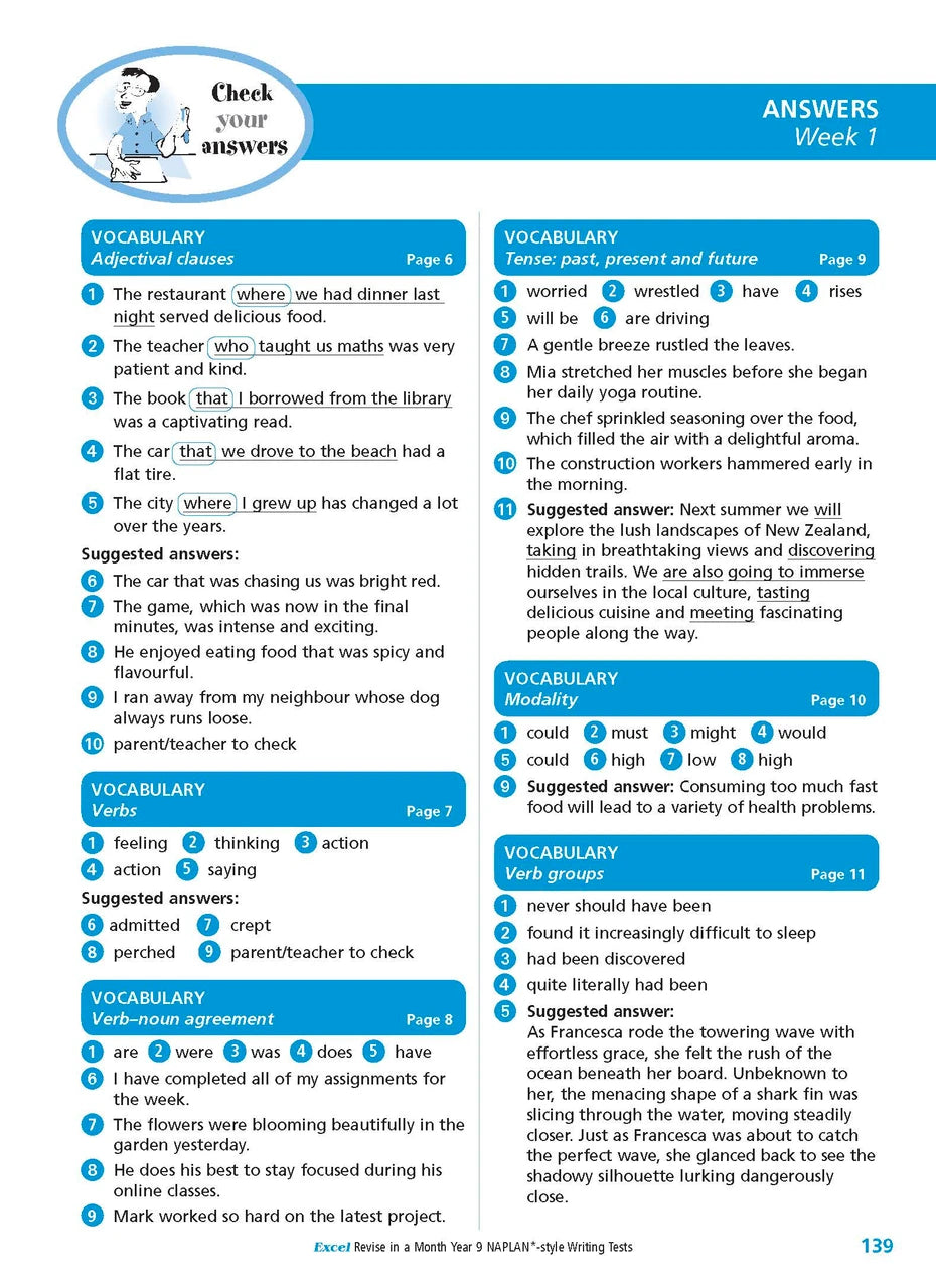 Sample interior page from the Excel Revise in a Month Year 9 NAPLAN-style Writing Tests workbook as shown in the Pascal Press gallery