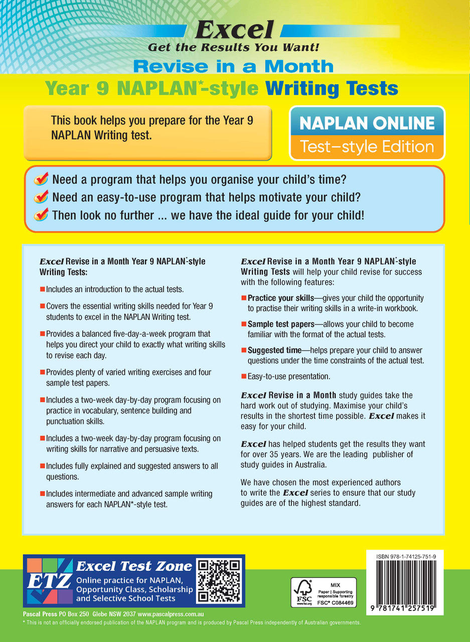 Back cover of the Excel Revise in a Month Year 9 NAPLAN-style Writing Tests workbook as shown in the Pascal Press gallery