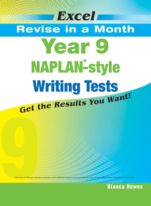 Front cover of the Excel Revise in a Month Year 9 NAPLAN-style Writing Tests workbook from Pascal Press, shown as the main product image