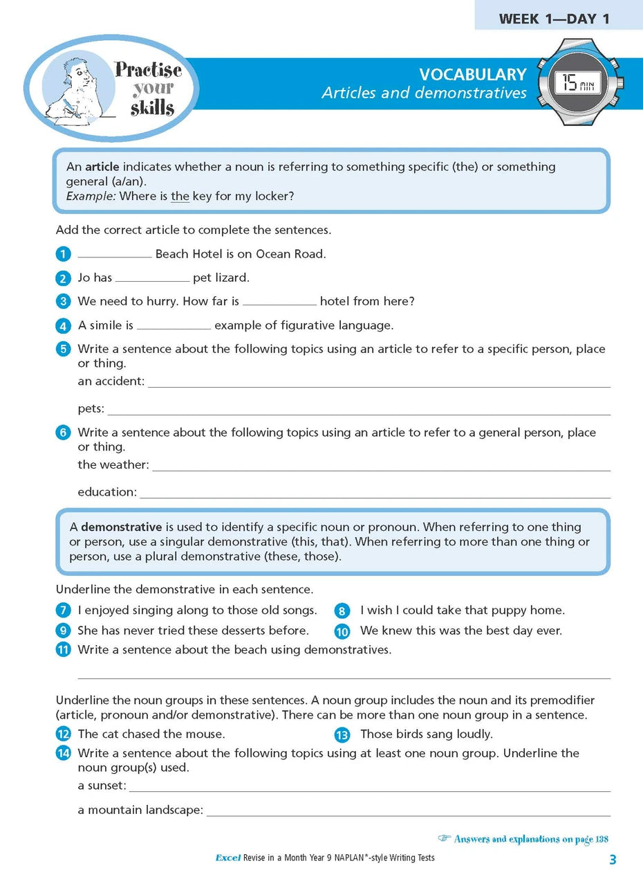 Sample interior page from the Excel Revise in a Month Year 9 NAPLAN-style Writing Tests workbook as shown in the Pascal Press gallery