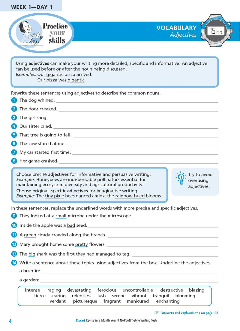 Sample interior page from the Excel Revise in a Month Year 9 NAPLAN-style Writing Tests workbook as shown in the Pascal Press gallery
