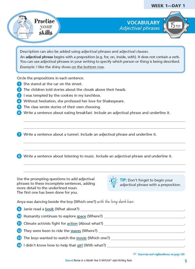 Sample interior page from the Excel Revise in a Month Year 9 NAPLAN-style Writing Tests workbook as shown in the Pascal Press gallery