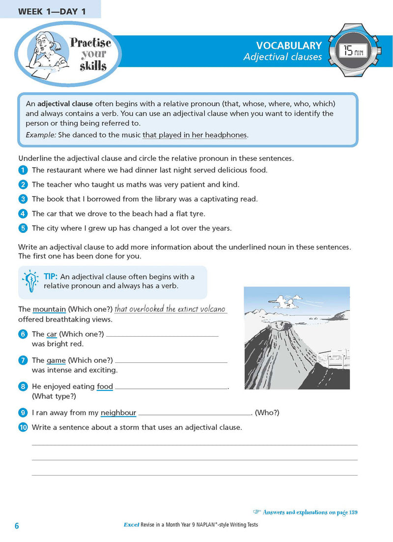 Sample interior page from the Excel Revise in a Month Year 9 NAPLAN-style Writing Tests workbook as shown in the Pascal Press gallery
