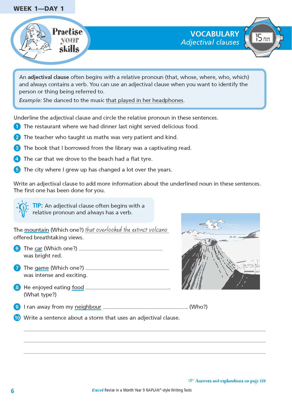 Sample interior page from the Excel Revise in a Month Year 9 NAPLAN-style Writing Tests workbook as shown in the Pascal Press gallery