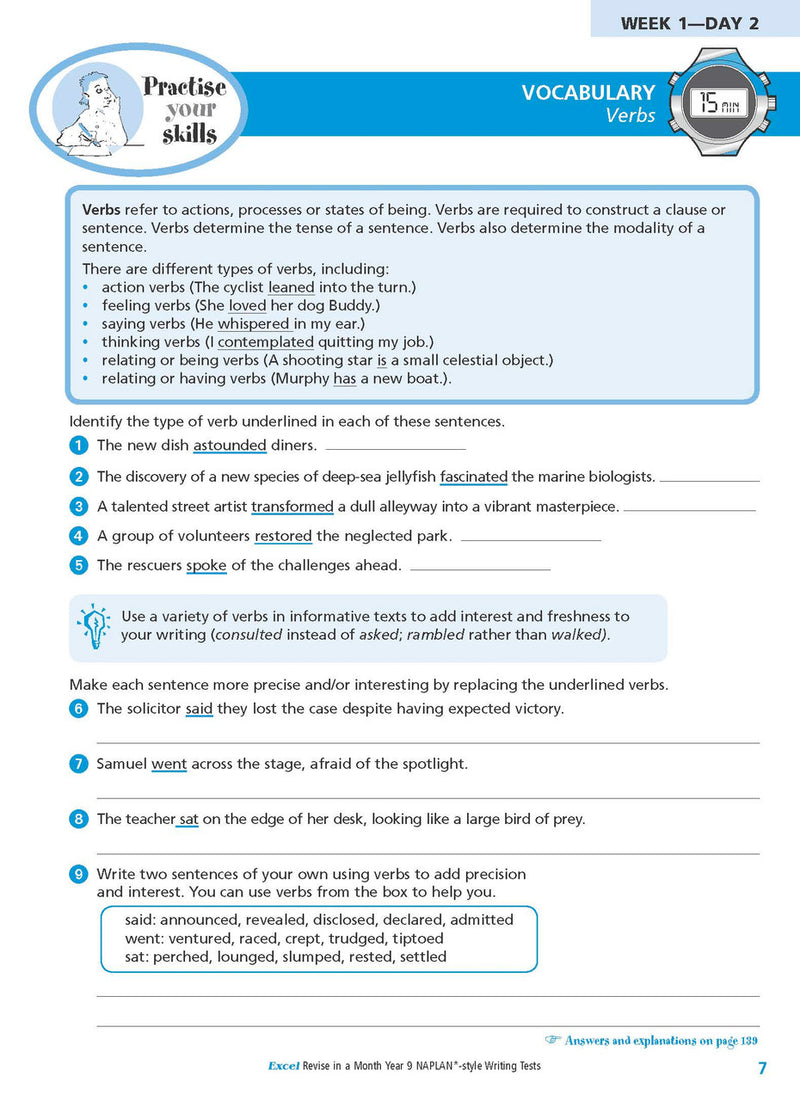 Sample interior page from the Excel Revise in a Month Year 9 NAPLAN-style Writing Tests workbook as shown in the Pascal Press gallery