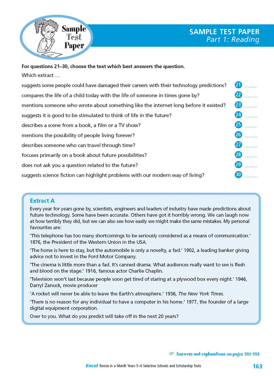 Sample interior page from the Excel Revise in a Month Selective Schools and Scholarship Tests Years 5-6 workbook showing practice test material, as shown in the Pascal Press gallery
