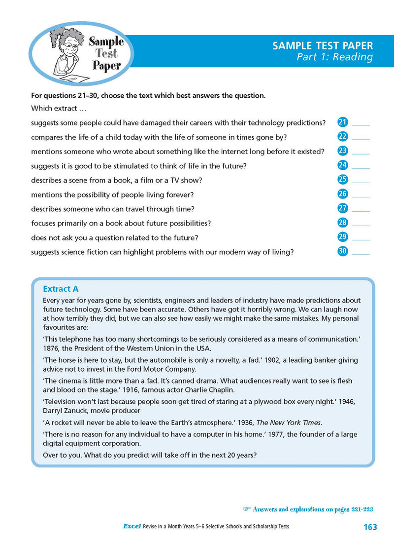 Sample interior page from the Excel Revise in a Month Selective Schools and Scholarship Tests Years 5-6 workbook showing practice test material, as shown in the Pascal Press gallery