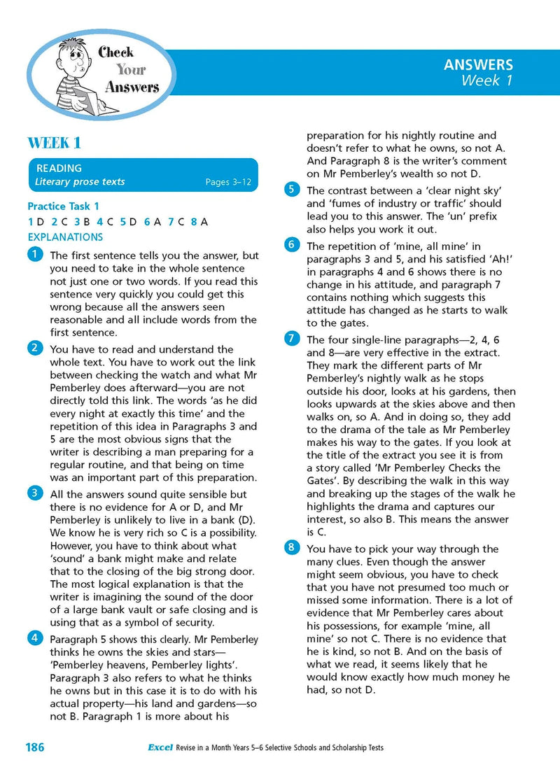 Sample interior page from the Excel Revise in a Month Selective Schools and Scholarship Tests Years 5-6 workbook showing practice test material, as shown in the Pascal Press gallery