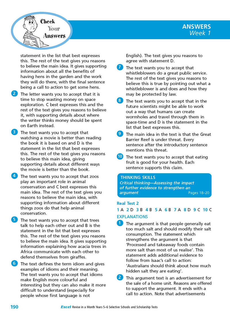 Sample interior page from the Excel Revise in a Month Selective Schools and Scholarship Tests Years 5-6 workbook showing practice test material, as shown in the Pascal Press gallery