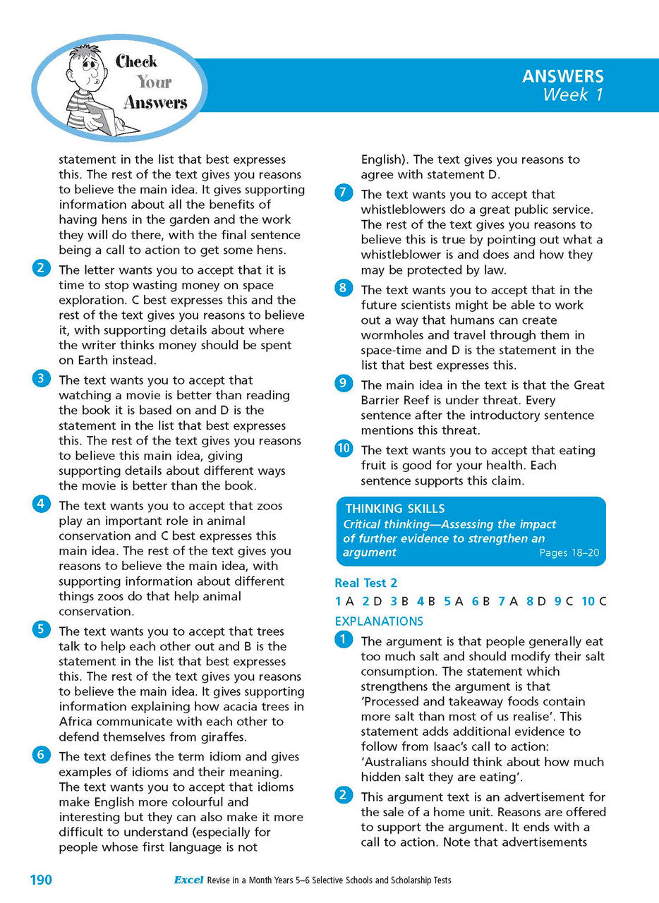 Sample interior page from the Excel Revise in a Month Selective Schools and Scholarship Tests Years 5-6 workbook showing practice test material, as shown in the Pascal Press gallery