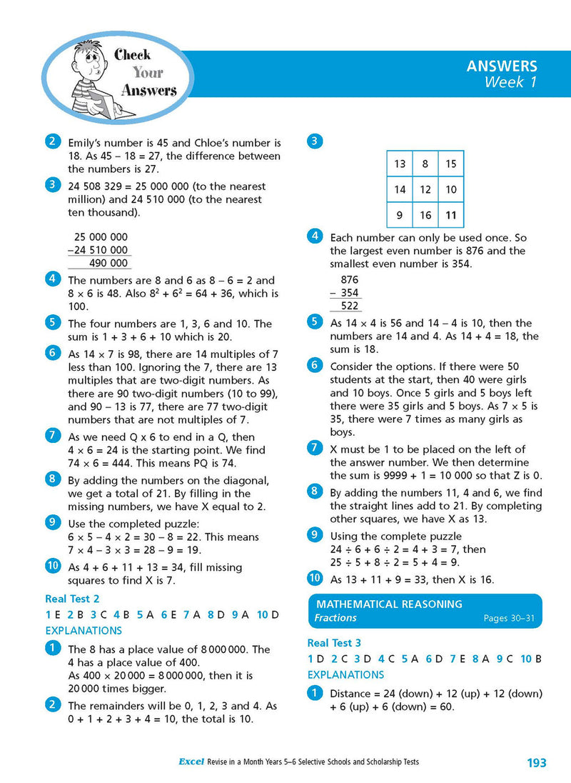 Sample interior page from the Excel Revise in a Month Selective Schools and Scholarship Tests Years 5-6 workbook showing practice test material, as shown in the Pascal Press gallery
