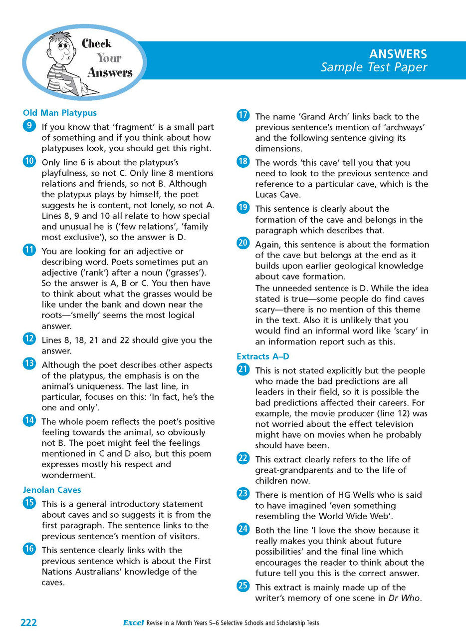 Sample interior page from the Excel Revise in a Month Selective Schools and Scholarship Tests Years 5-6 workbook showing practice test material, as shown in the Pascal Press gallery