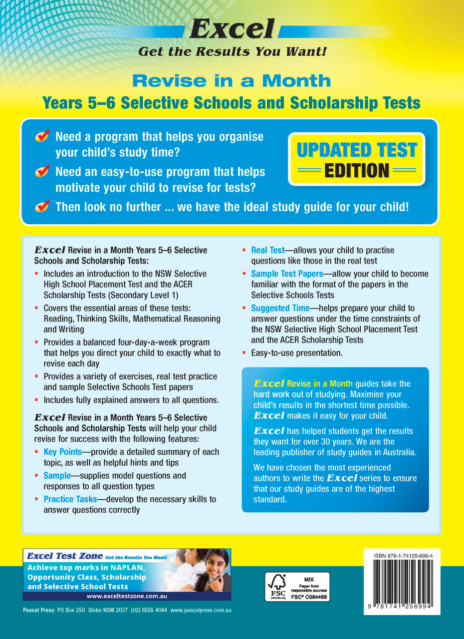 Further page from the Pascal Press gallery for the Excel Revise in a Month Selective Schools and Scholarship Tests Years 5-6 workbook, such as the back cover or an extra sample page
