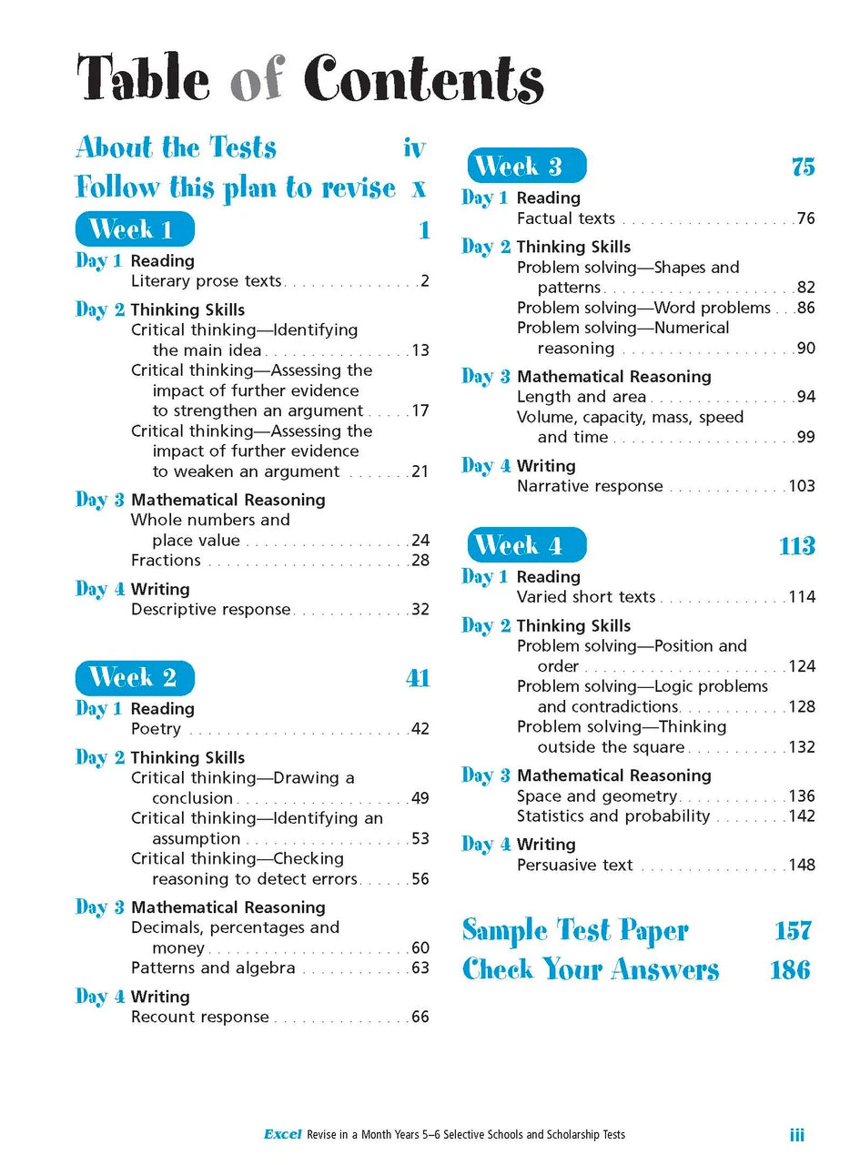 Sample interior page from the Excel Revise in a Month Selective Schools and Scholarship Tests Years 5-6 workbook showing practice test material, as shown in the Pascal Press gallery