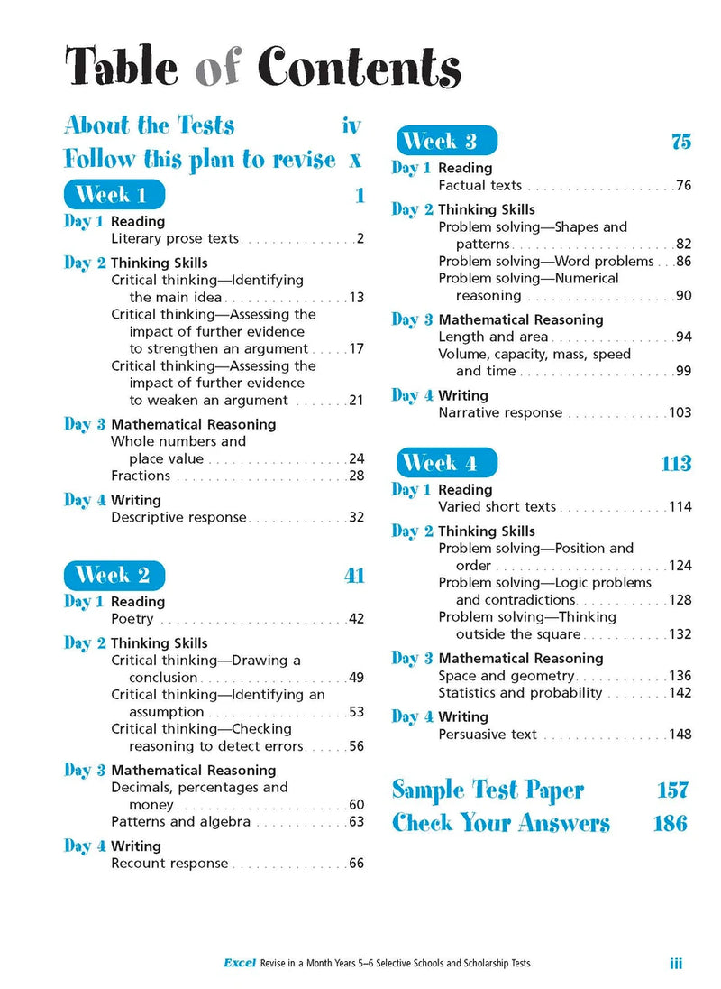 Sample interior page from the Excel Revise in a Month Selective Schools and Scholarship Tests Years 5-6 workbook showing practice test material, as shown in the Pascal Press gallery