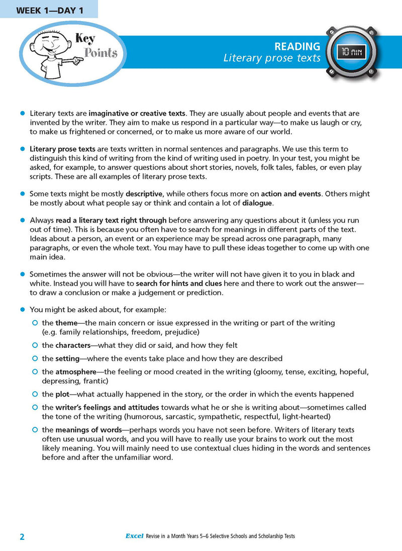 Sample interior page from the Excel Revise in a Month Selective Schools and Scholarship Tests Years 5-6 workbook showing practice test material, as shown in the Pascal Press gallery