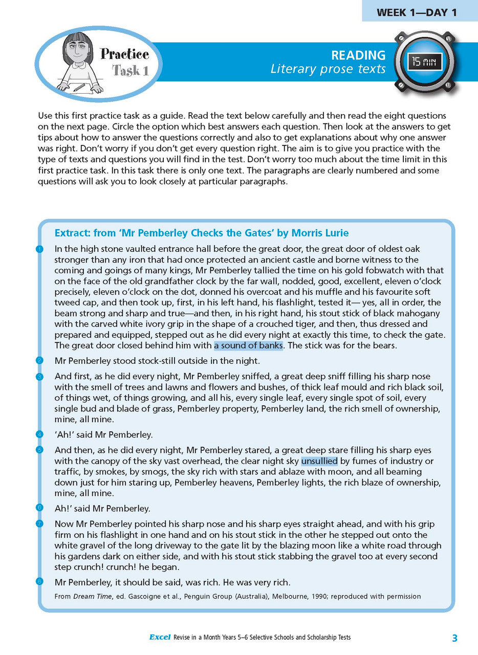 Sample interior page from the Excel Revise in a Month Selective Schools and Scholarship Tests Years 5-6 workbook showing practice test material, as shown in the Pascal Press gallery
