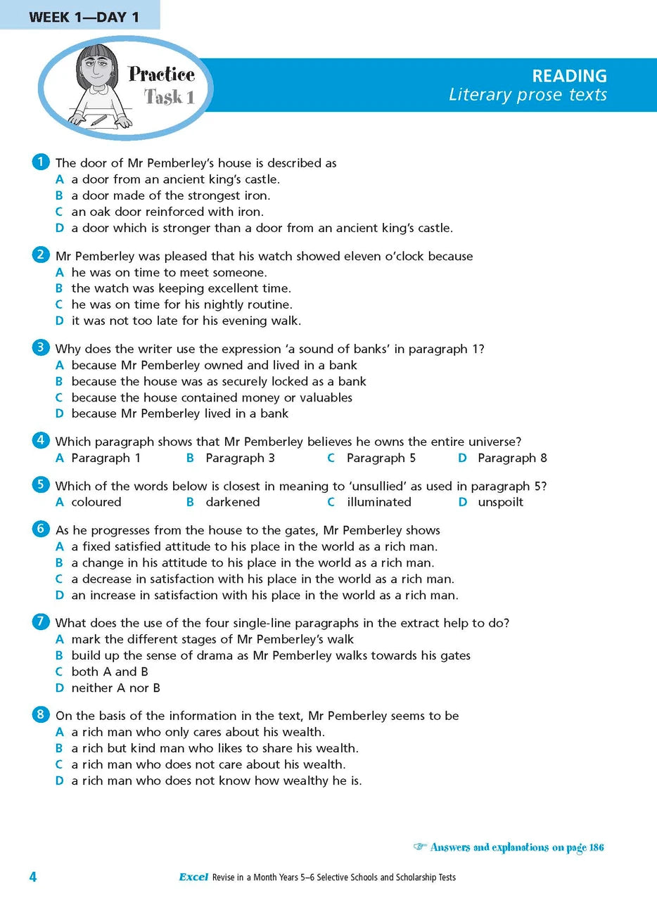 Sample interior page from the Excel Revise in a Month Selective Schools and Scholarship Tests Years 5-6 workbook showing practice test material, as shown in the Pascal Press gallery