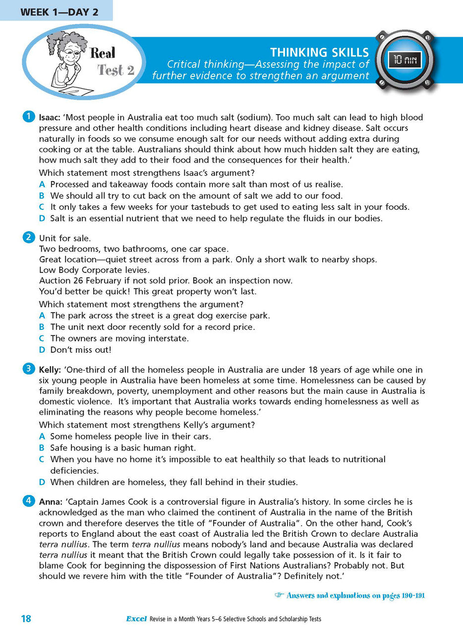 Sample interior page from the Excel Revise in a Month Selective Schools and Scholarship Tests Years 5-6 workbook showing practice test material, as shown in the Pascal Press gallery