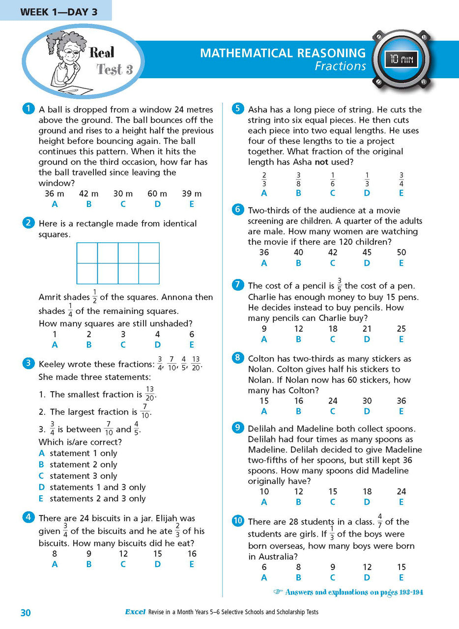 Sample interior page from the Excel Revise in a Month Selective Schools and Scholarship Tests Years 5-6 workbook showing practice test material, as shown in the Pascal Press gallery