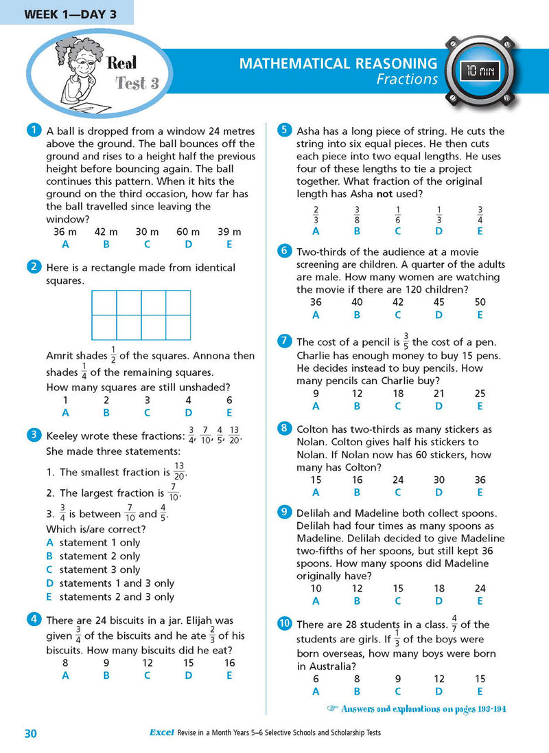 Sample interior page from the Excel Revise in a Month Selective Schools and Scholarship Tests Years 5-6 workbook showing practice test material, as shown in the Pascal Press gallery