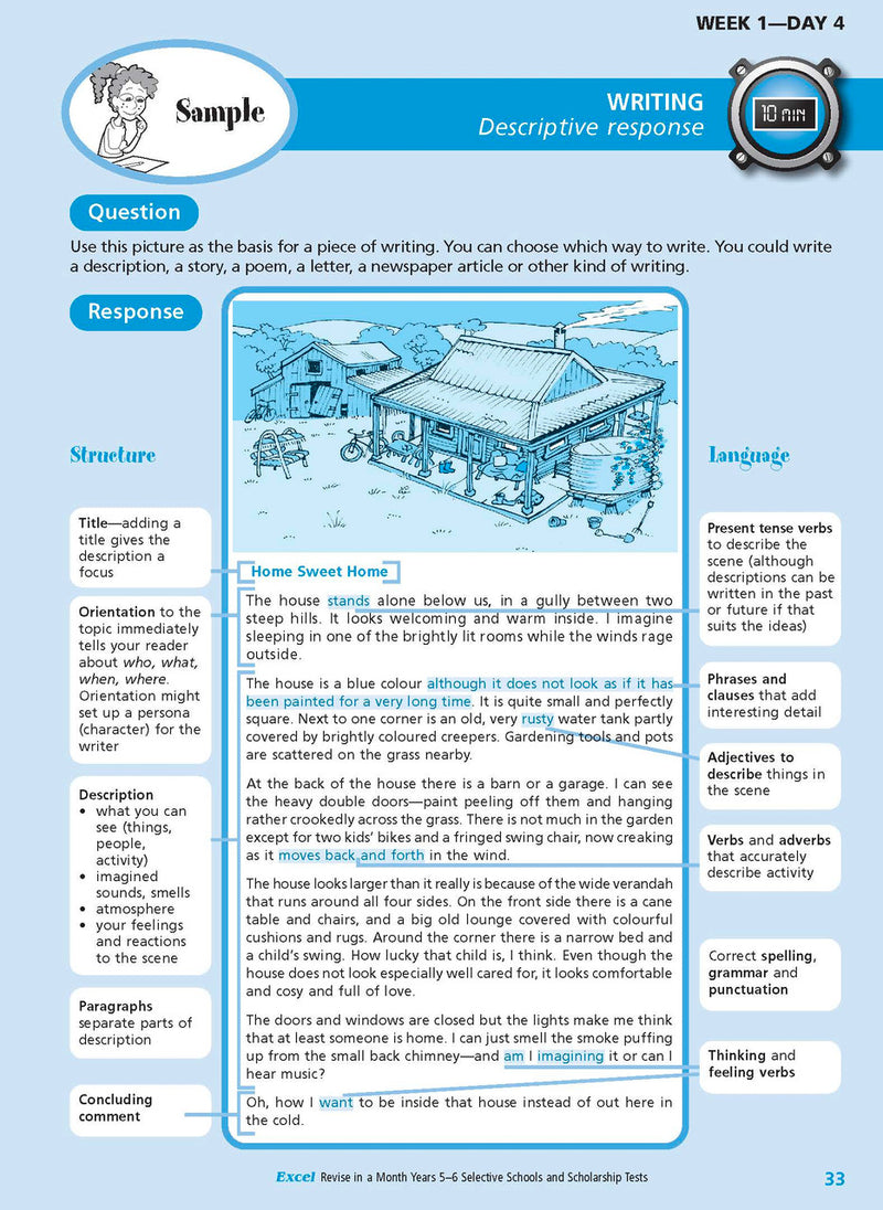 Sample interior page from the Excel Revise in a Month Selective Schools and Scholarship Tests Years 5-6 workbook showing practice test material, as shown in the Pascal Press gallery