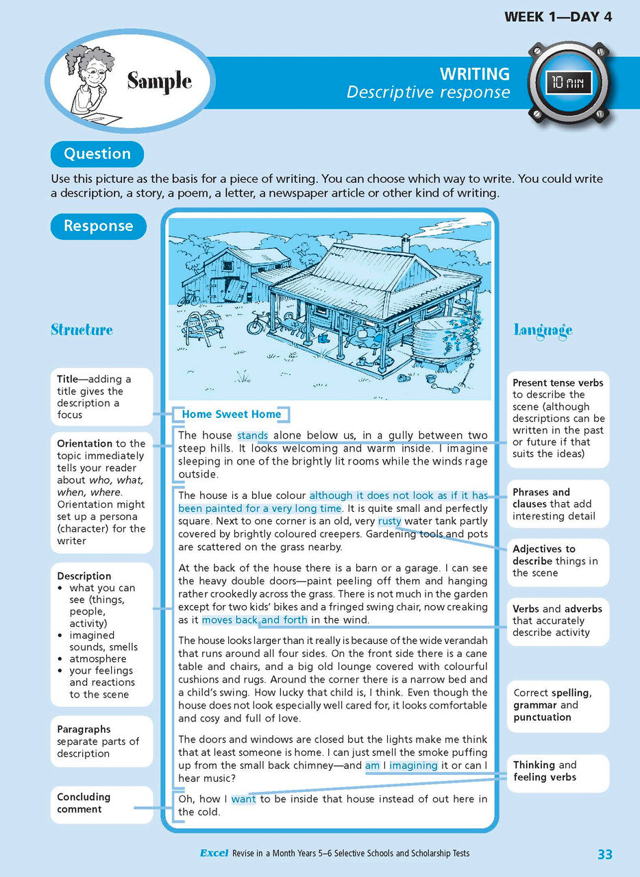 Sample interior page from the Excel Revise in a Month Selective Schools and Scholarship Tests Years 5-6 workbook showing practice test material, as shown in the Pascal Press gallery