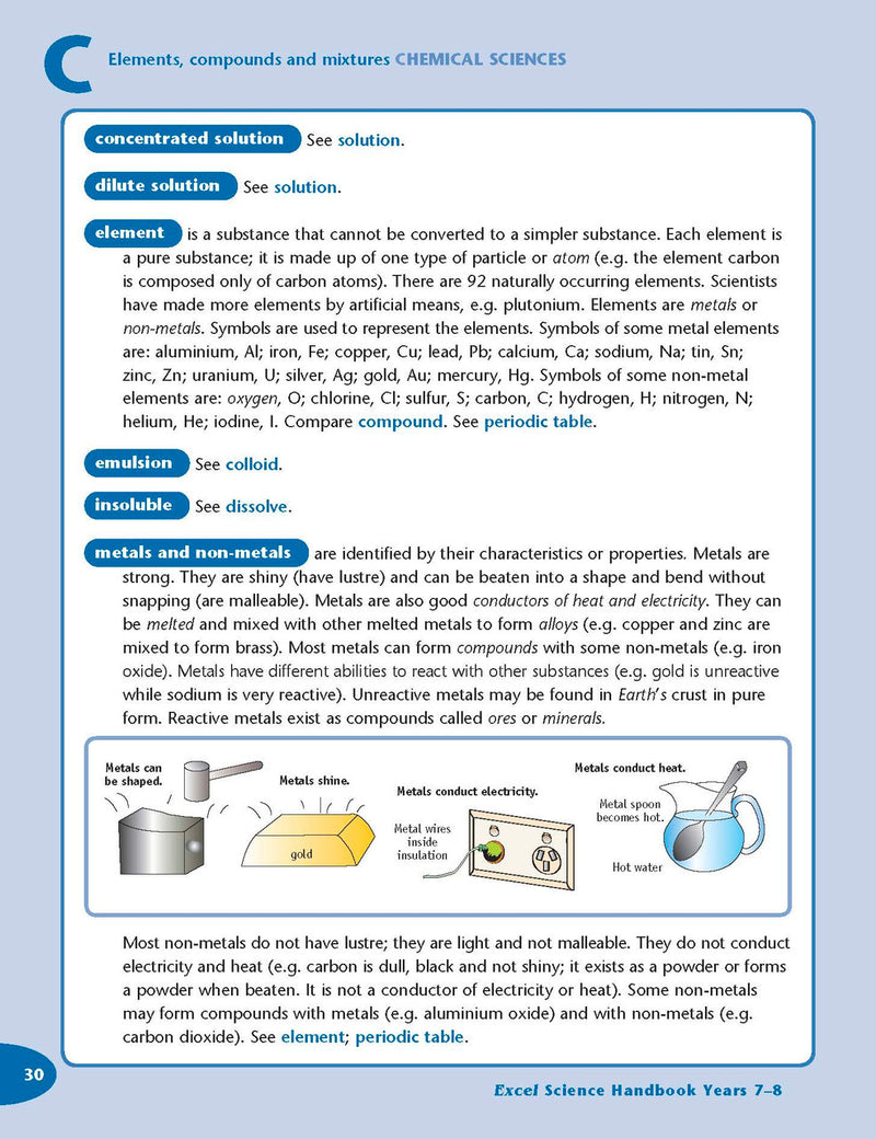 Sample interior page from the Excel Science Handbook Years 7-8 as shown in the Pascal Press product gallery