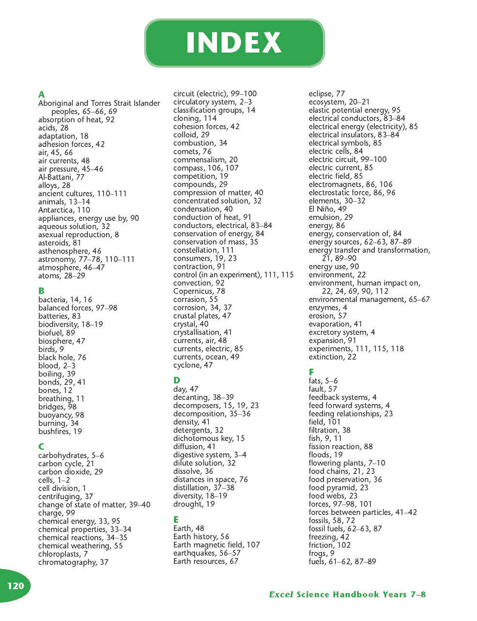 Sample interior page from the Excel Science Handbook Years 7-8 as shown in the Pascal Press product gallery