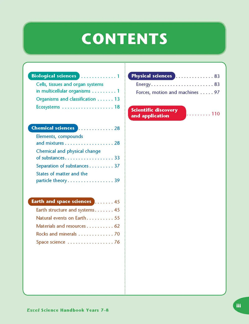 Sample interior page from the Excel Science Handbook Years 7-8 as shown in the Pascal Press product gallery