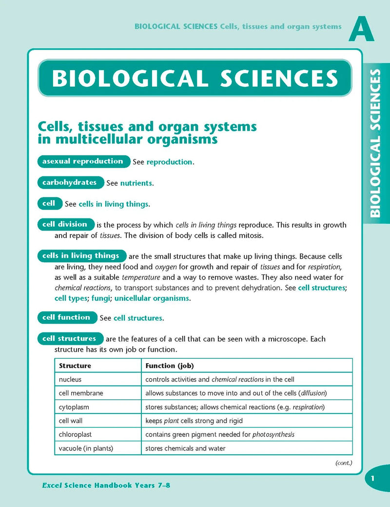 Sample interior page from the Excel Science Handbook Years 7-8 as shown in the Pascal Press product gallery