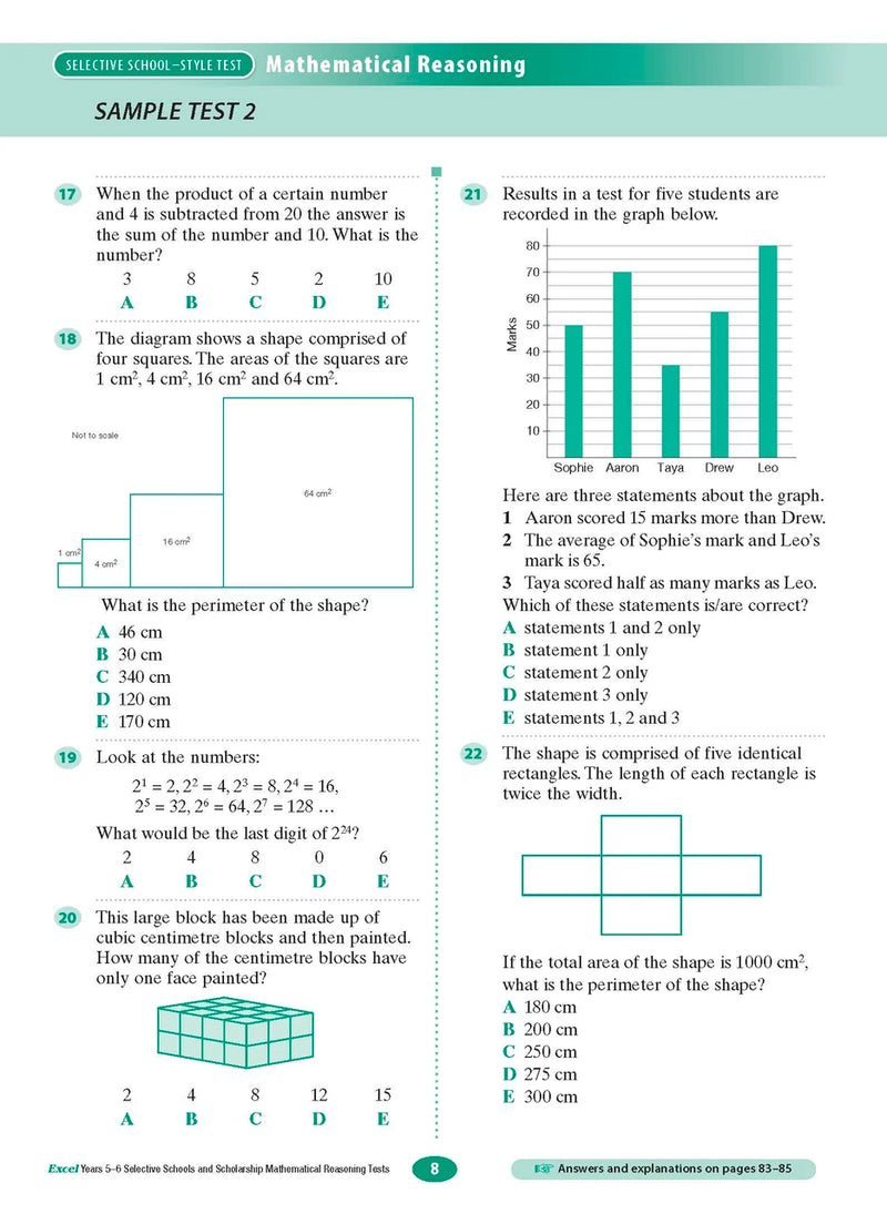 Sample interior page from the Excel Selective Schools and Scholarship Mathematical Reasoning Tests Years 5-6 workbook showing practice test material, as shown in the Pascal Press gallery