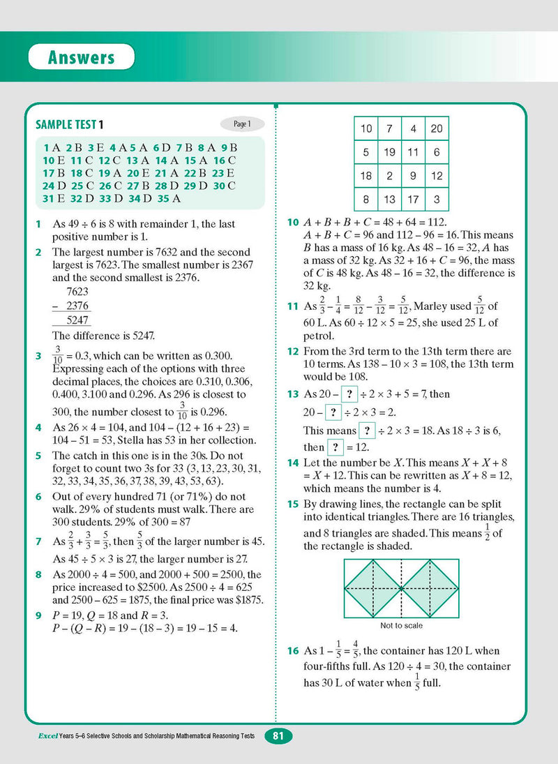 Sample interior page from the Excel Selective Schools and Scholarship Mathematical Reasoning Tests Years 5-6 workbook showing practice test material, as shown in the Pascal Press gallery