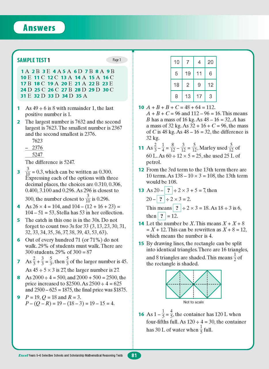 Sample interior page from the Excel Selective Schools and Scholarship Mathematical Reasoning Tests Years 5-6 workbook showing practice test material, as shown in the Pascal Press gallery
