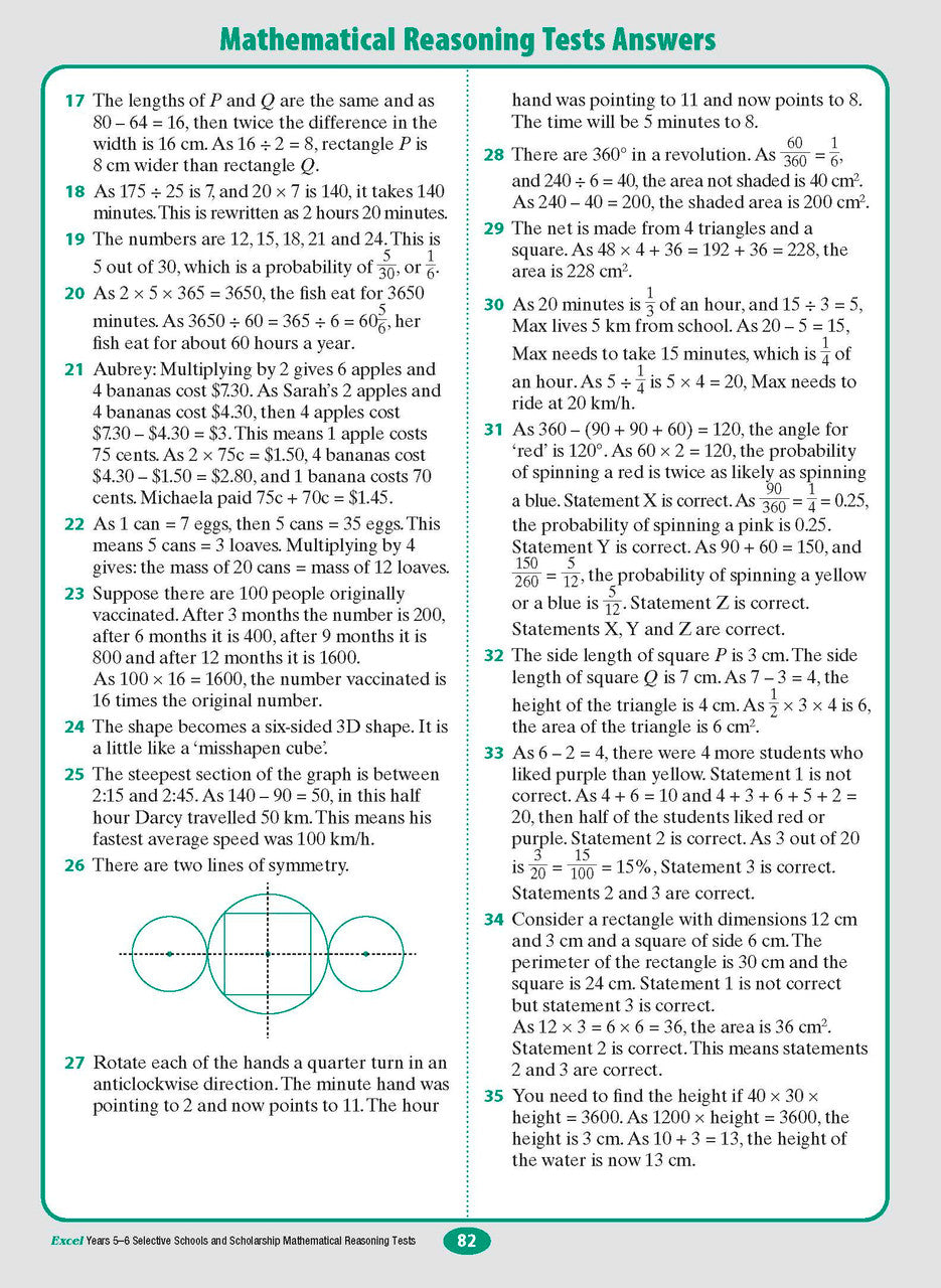 Sample interior page from the Excel Selective Schools and Scholarship Mathematical Reasoning Tests Years 5-6 workbook showing practice test material, as shown in the Pascal Press gallery