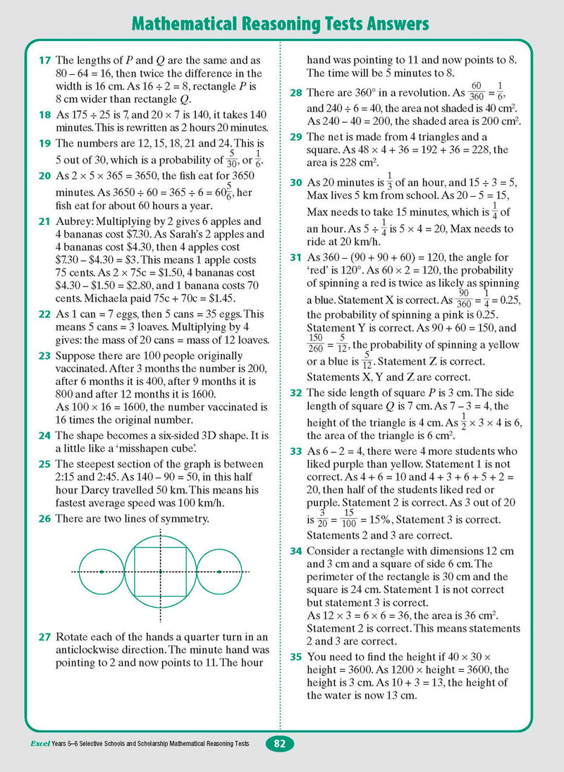 Sample interior page from the Excel Selective Schools and Scholarship Mathematical Reasoning Tests Years 5-6 workbook showing practice test material, as shown in the Pascal Press gallery