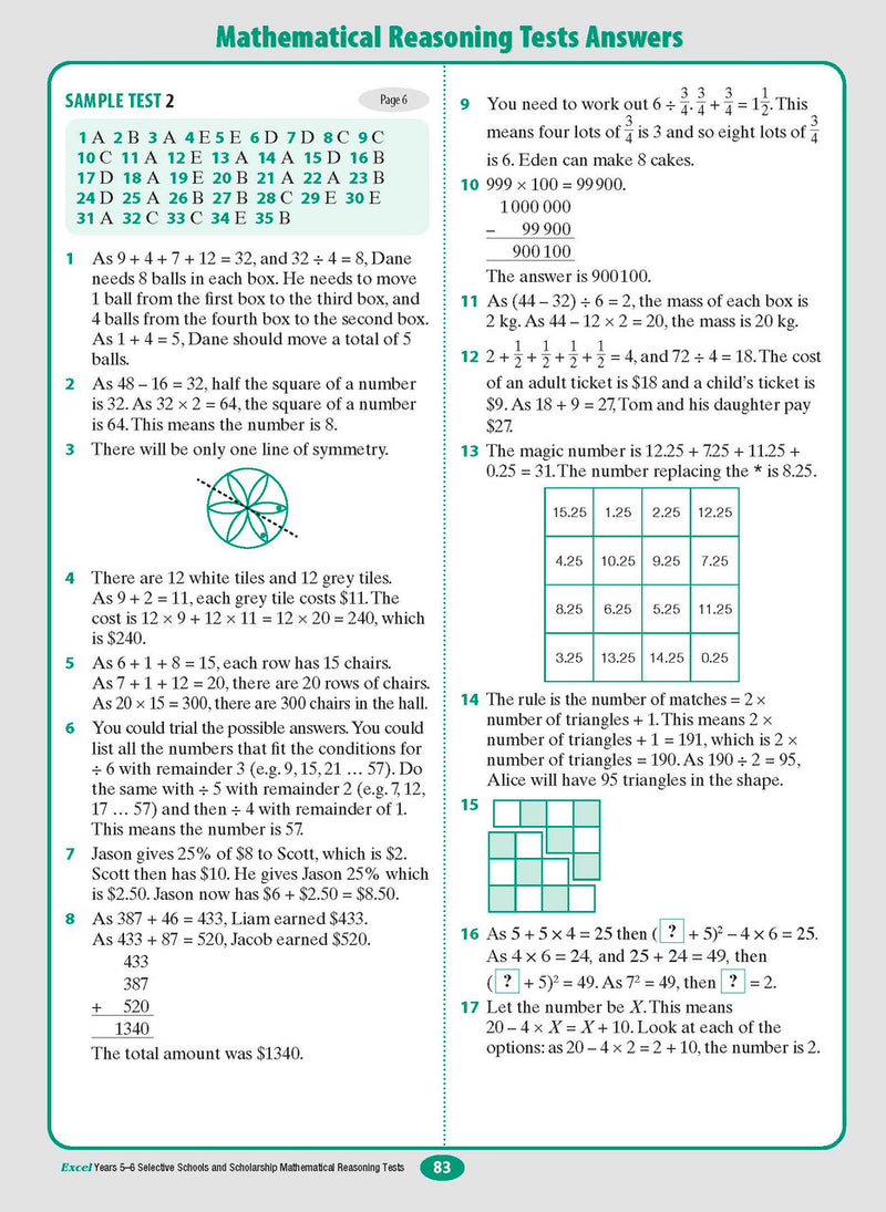 Sample interior page from the Excel Selective Schools and Scholarship Mathematical Reasoning Tests Years 5-6 workbook showing practice test material, as shown in the Pascal Press gallery